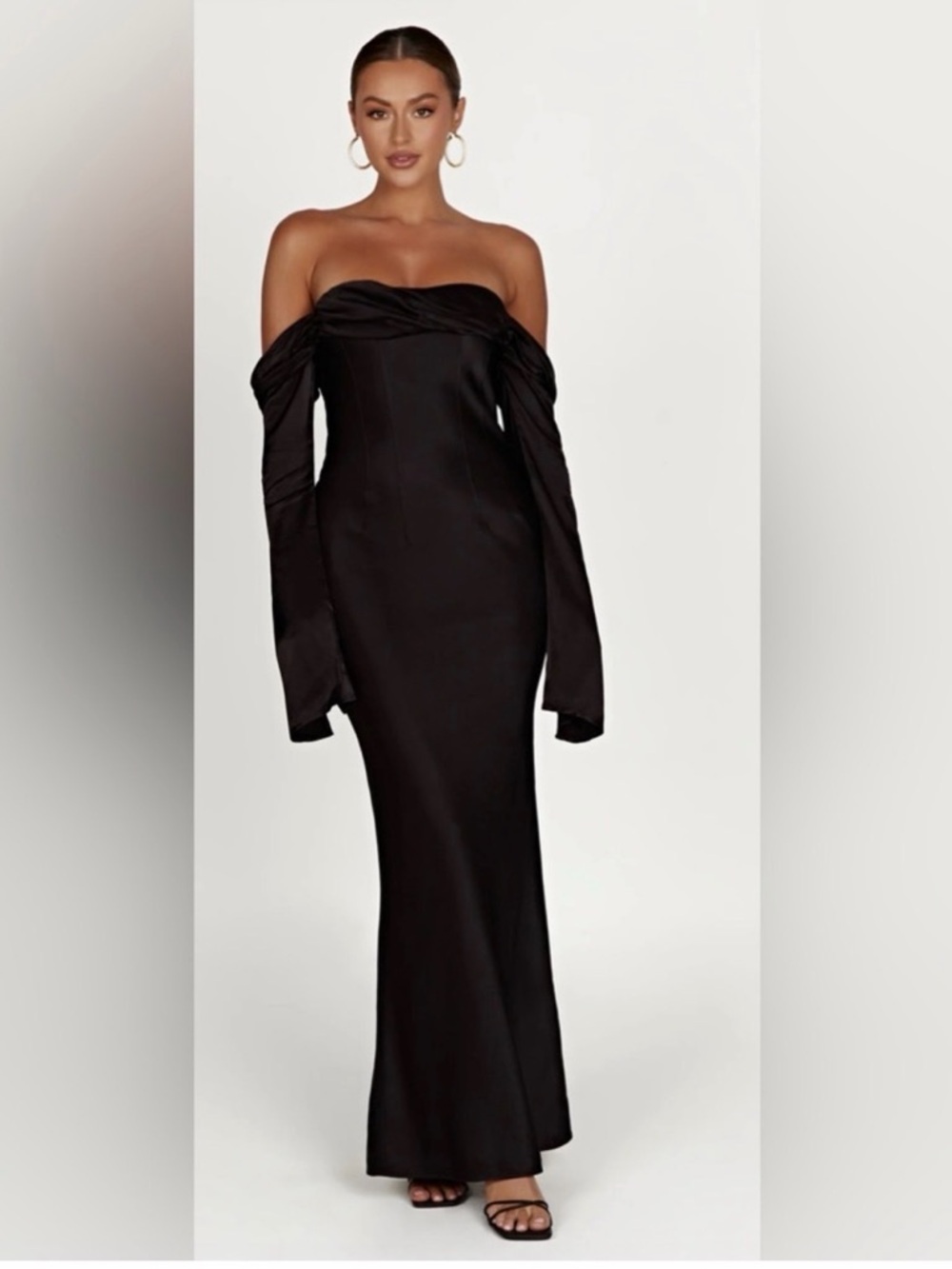 Meshki Black Strapless Off-Shoulder Satin Gown